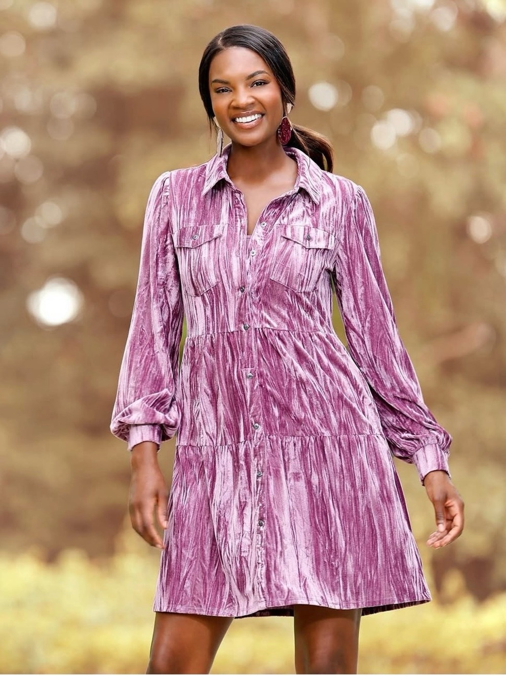Cato Crushed Velvet Tiered Babydoll Shirt Dress Mauve Purple XL Boho Cottage